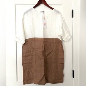 NWT- 100% Linen Vanessa Zani White and Tan Short-Sleeve Linen Dress